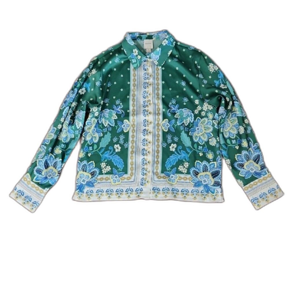 Anthropologie Maeve Long Sleeve Scarf Button Front Blouse, Green Floral, Size S - Picture 6 of 12